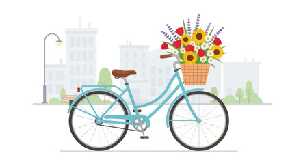 Turquoise bicycle adorned with flowers against a cityscape illustration backdrop