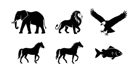 Diverse animal silhouettes showcasing wildlife in monochromatic vector illustration style