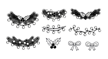 Elegant christmas themed line art elements featuring pine leaves,holly berries and lights