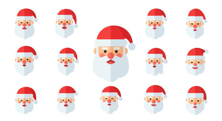 A cheerful christmas illustration featuring an array of santa claus face icons with festive flat