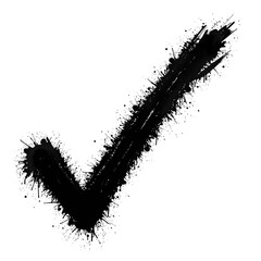 Gritty spray painted black checkmark with drips fuzzy edge on white Urban rebellious and bold street art element, isolated