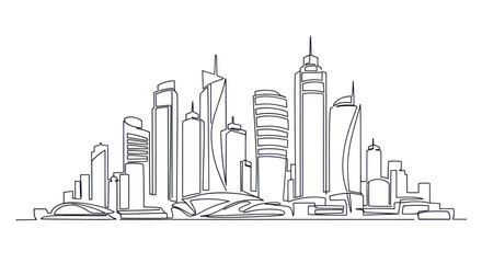 Minimalist continuous line drawing showcasing a modern urban city skyline concept