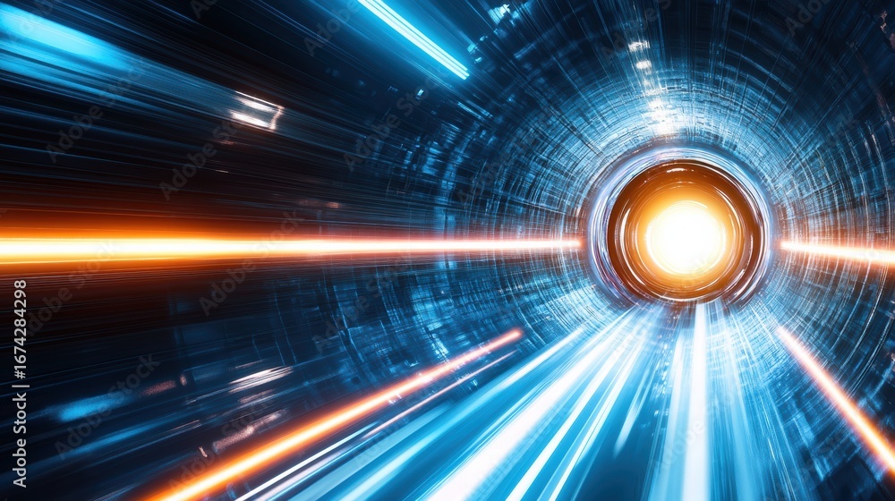 Poster a vibrant depiction of light beams racing through a tunnel, creating a sense of speed and motion tow