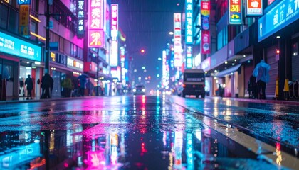 City street vibrant neon lights wet pavement rainy night urban exploration high quality professional