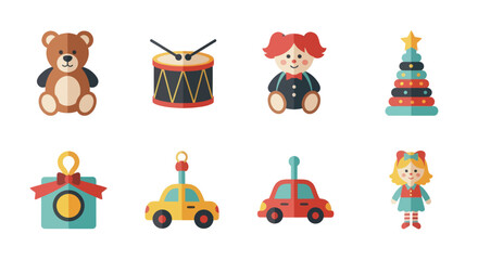 Obraz premium Festive assortment of flat design childhood toys on a white backdrop creates a vibrant and playful