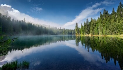 quiet lake surrounded by dense forest the surface of the water reflecting the misty sky