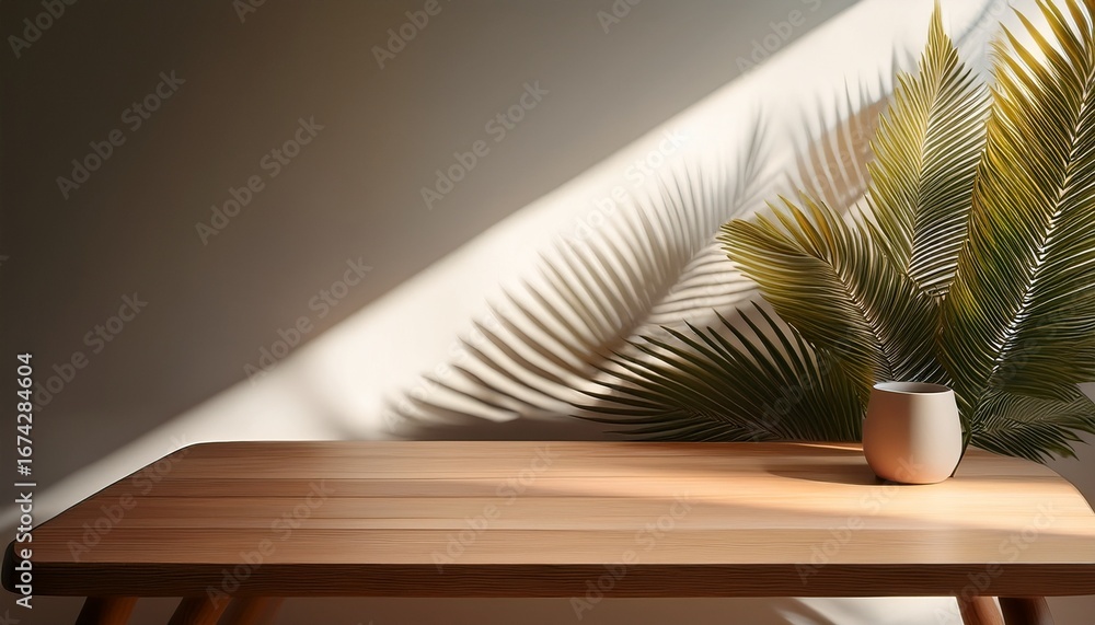 Aufkleber minimalist table display with botanical shadows a minimalist wooden table is illuminated by soft dif