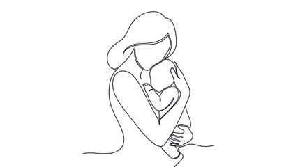 Elegant continuous line drawing showcasing the tender bond between mother and child