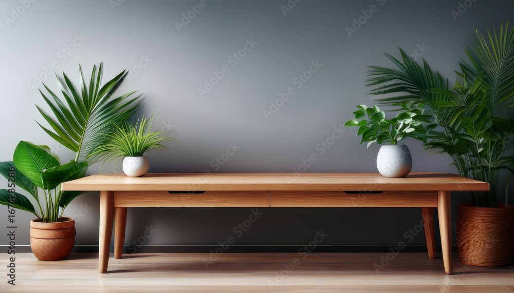 Aufkleber modern wooden console table with copy space and green plants on a gray background