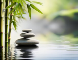serene zen garden with stacked stones and bamboo against misty water background with copy space