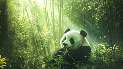 A panda bear lazily chewing on bamboo stalks in a serene bamboo forest
