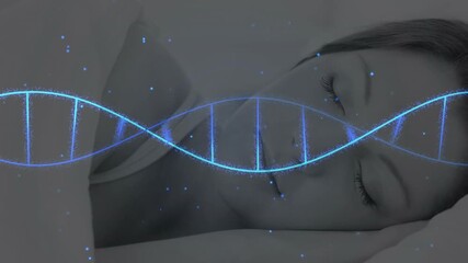 Glowing blue DNA helix entering and drifting across sleeping woman, illustrating health monitoring - Powered by Adobe