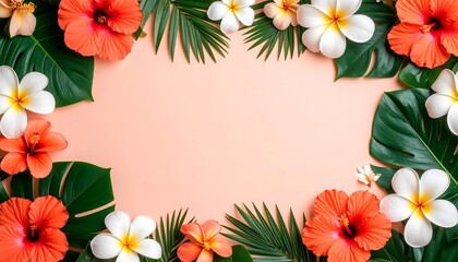 Fototapeta premium Tropical Flowers Frame with Pink Background.