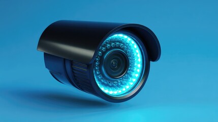 Black security camera with glowing blue LEDs
