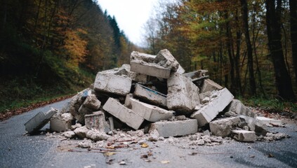 Pile of broken concrete blocks on a road in a forest