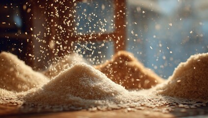 Piles of rice, sunlight, and falling grains