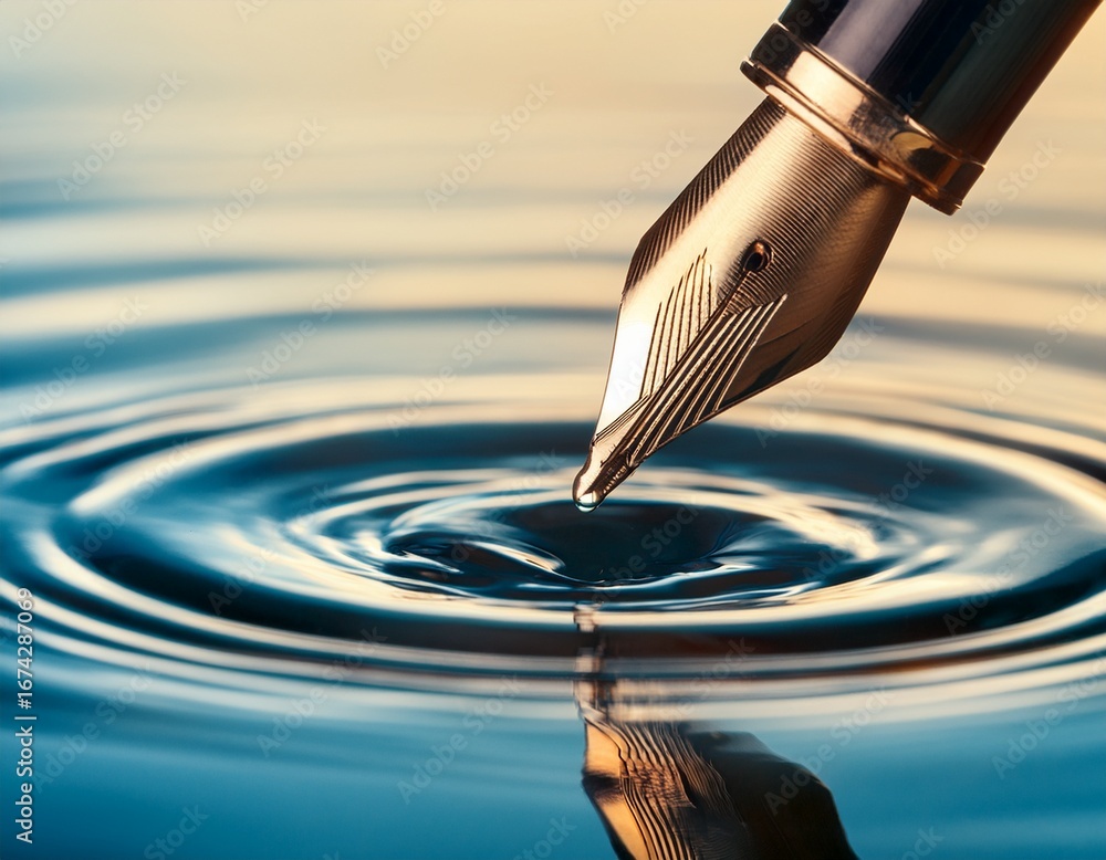 Aufkleber pen tip touching water surface creating ripple effect close up macro metallic reflection clear liqui