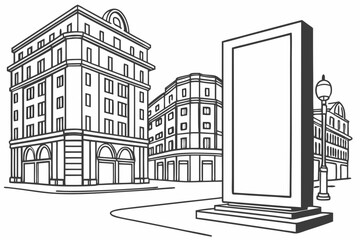 City square with a freestanding digital advertising screen, monochrome line-art illustration style.