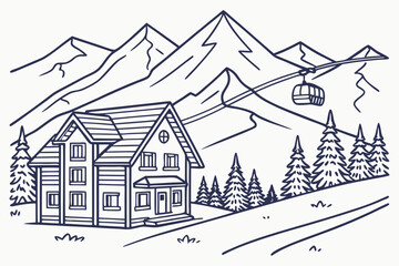 Park City skyline in linear sketch style, featuring ski resorts, mountain chalets, and snowy peaks, modern flat illustration style. © Jaana