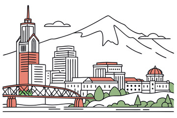 Naklejka premium Portland skyline in linear sketch style, featuring Hawthorne Bridge, Mt. Hood backdrop, and eclectic architecture, modern flat illustration style.