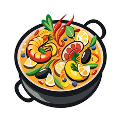 Delicious Spanish Seafood Paella Vector Illustration in Pan, Traditional Rice Dish, Colorful Ingredients, Gourmet Meal Design for Cooking Lovers