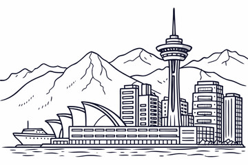 Obraz premium Vancouver skyline in linear sketch style, capturing Canada Place, Vancouver Lookout, and coastal mountains, modern flat illustration style.