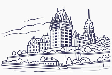 Fototapeta premium Quebec City skyline in linear sketch style, showcasing Château Frontenac, city walls, and St. Lawrence River, modern flat illustration style.