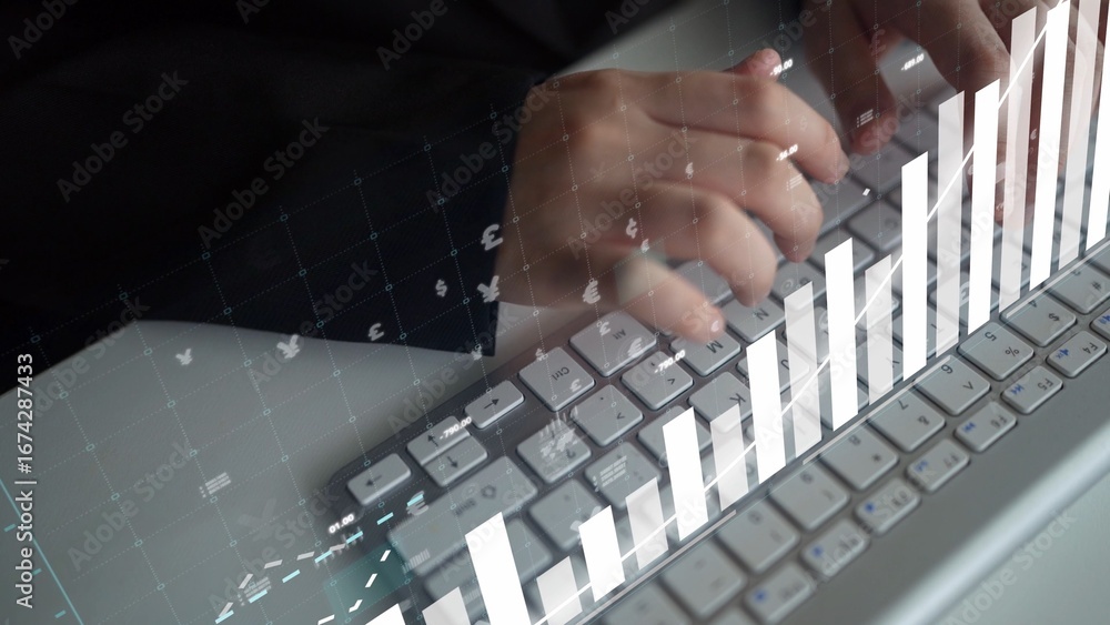 Poster a close-up of hands typing on a keyboard, overlaid with graphical financial data and currency symbol