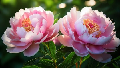 Obraz premium two beautifully detailed peonies bloom gracefully showcasing their delicate petals and lush greenery emphasizing the timeless elegance and serenity associated with nature s beauty