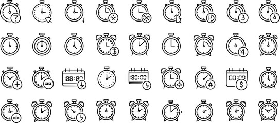 Obraz premium Time Line Editable Icons set. Vector illustration in modern thin line style of clock related icons: timer, stopwatch, alarm, and more. Isolated on transparent background.