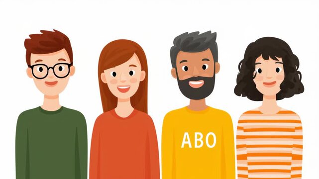 Diverse Group of Friends Representing ABO Blood Type System in a Fun and Colorful Illustration