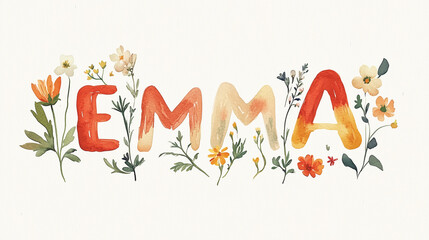 Colorful watercolor lettering of the name Emma surrounded by delicate floral elements ideal for nursery decor or personalized gifts
