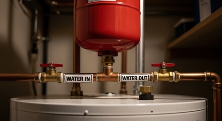 Side angle of a home water heaters expansion tank with clear labels on input and output water pipes.