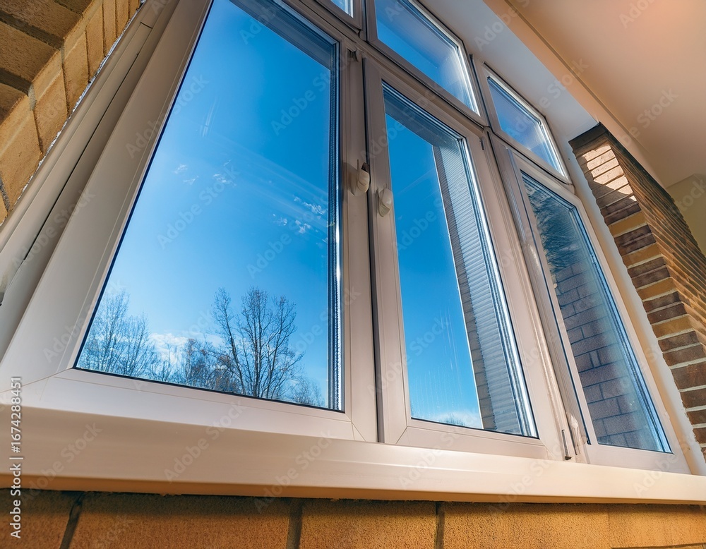 Aufkleber low angle view of durable pvc window frame with triple insulated windows in modern home