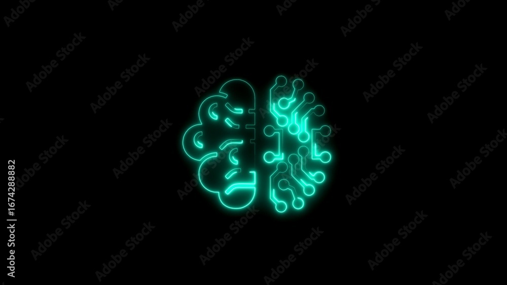 Poster glowing teal circuit board brain representing artificial intelligence and technology concepts
