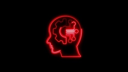 Neon outline of a human head integrated with technology and artificial intelligence