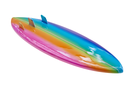 Colorful surfboard with a rainbow pattern isolated on transparent background.