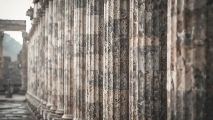 Weathered stone columns of an ancient temple ruin captured within soft daylight, showing detailed textures, faded colors, and the perspective view of classical architecture