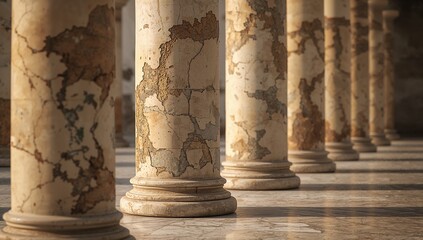 A row of weathered marble columns stands within warm afternoon sunlight, their textured surfaces showing age and history, casting long shadows across the polished stone floor