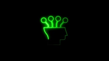 Green neon outline illustrative graphic of a head representing artificial intelligence concept