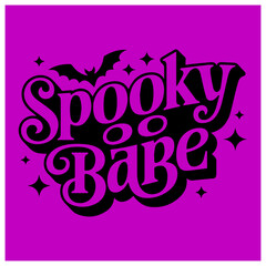 Playful Spooky Typography Poster with Fun Feminine Quote 'Spooky Babe' in Purple Decorative Letters with Bats