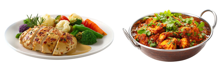 Fototapeta premium A plate of sliced chicken breast with vegetables and a bowl of indian curry on a white background