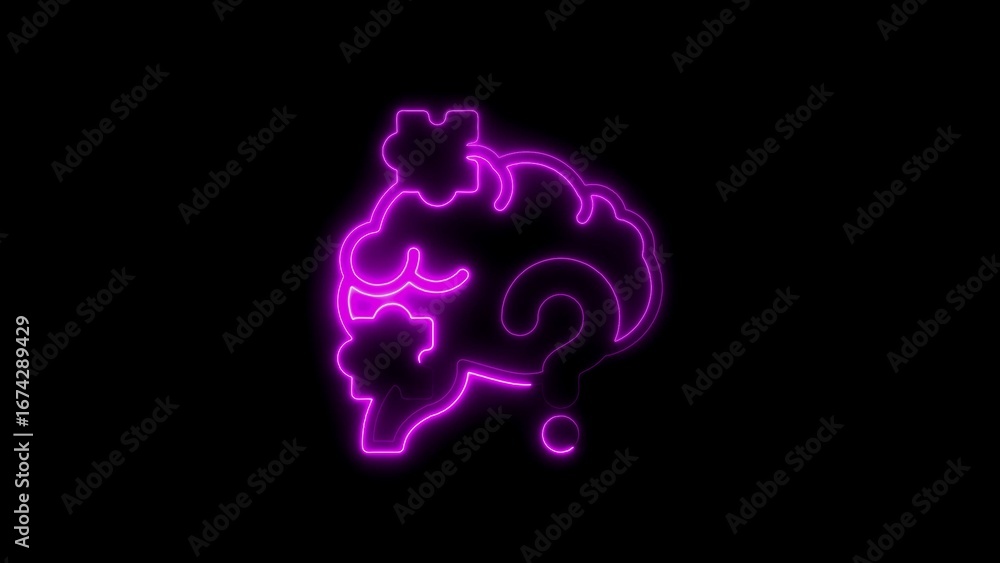 Poster glowing neon brain with puzzle pieces and question mark illustrating thoughts and ideas