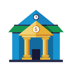Illustration of a bank building with columns and a clock on top.