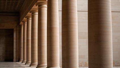 A row of tall sandstone columns within classical architectural style, captured in warm daylight featuring soft shadows, highlighting symmetry, texture, and elegant structural design