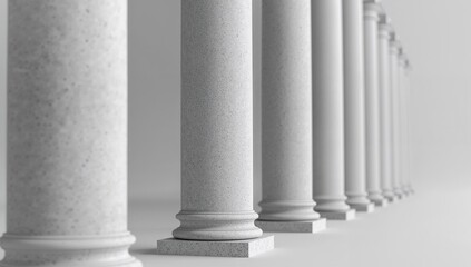 A row of classical stone columns captured within perspective, highlighting smooth cylindrical shapes, detailed bases, and soft neutral lighting in the minimal architectural setting