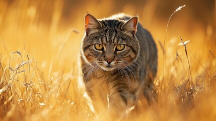 A stealthy wildcat walking silently through tall golden grass on a hunting prowl with its fur camouflaging perfectly