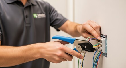 sequence of a structured cabling technician mounting an Ethernet keystone jack flush with drywall using punchdown connections.