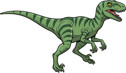 Cartoon Velociraptor Dinosaur with Green Scales, Sharp Claws, and Fierce Expression in Dynamic Pose on White Background