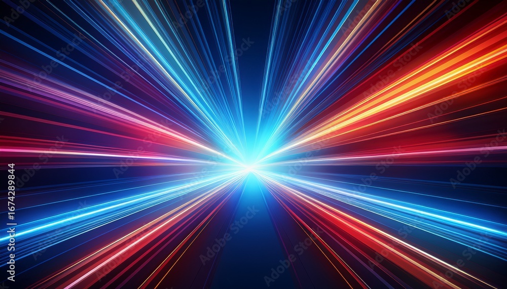 Poster vibrant light streaks radiate from a central point creating a dynamic starburst effect against a dar